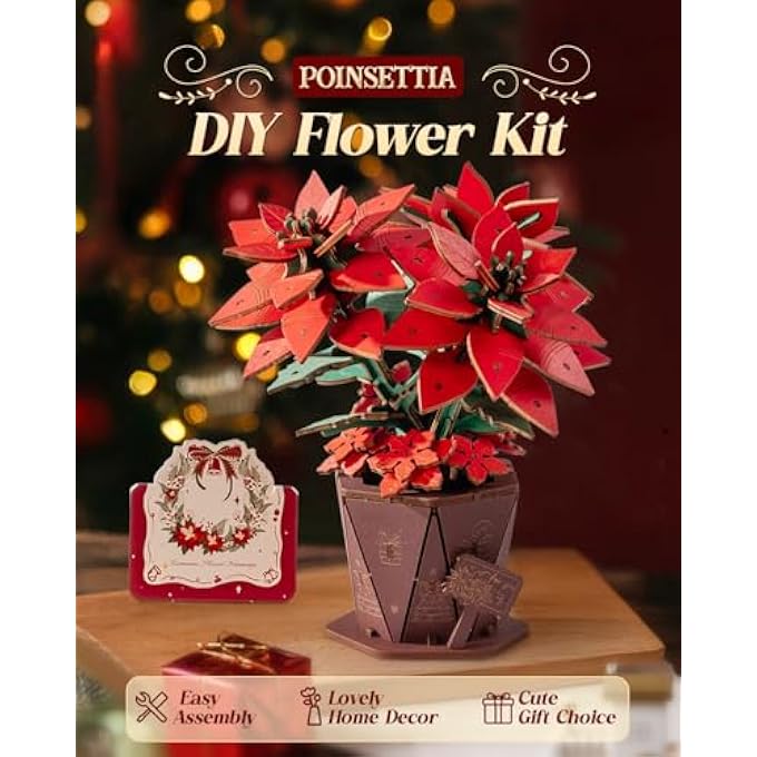 3D WOODEN PUZZLE RED POINSETTIA ARTIFICIAL FLOWER MODEL KIT HOME ACCESSORIES CRAFT KIT FOR ADULTS - Image 4